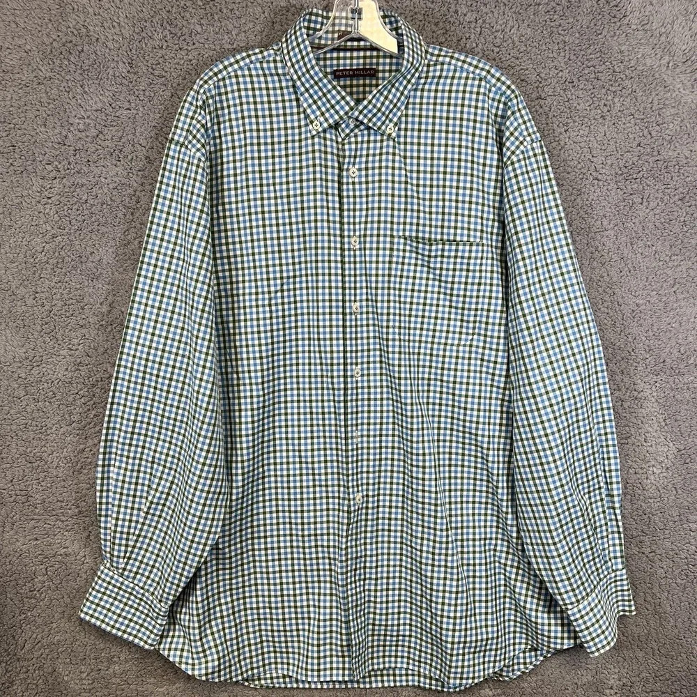 VTG‎ Peter Millar Shirt Men's XXL 2XL Blue/Green Check Plaid Button Up Light
